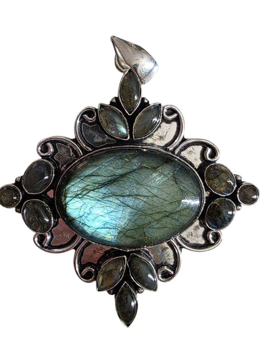 Labradorite Silver-Tone Pendant Necklace in Blue-Green